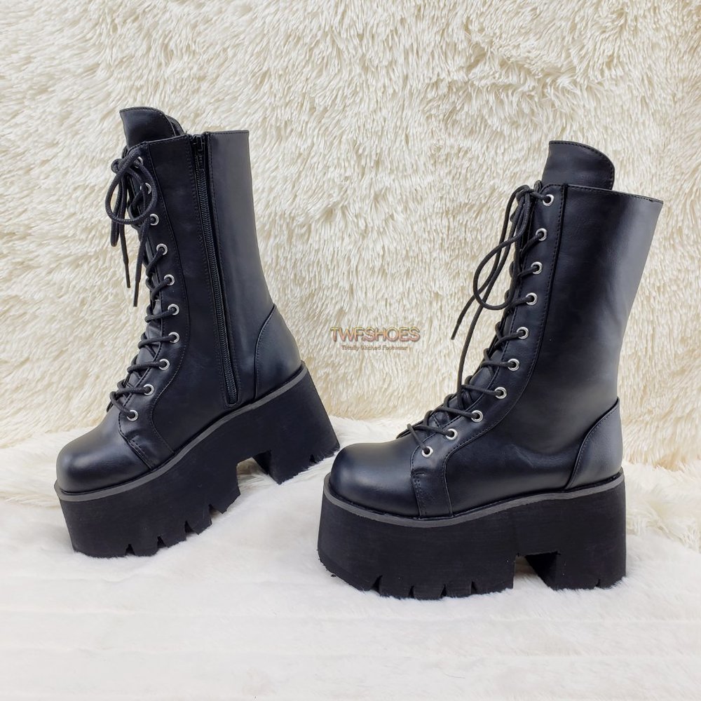 Ashes Black Matte Platform Goth Punk Mid Calf Combat Boots - Picture 13 of 14